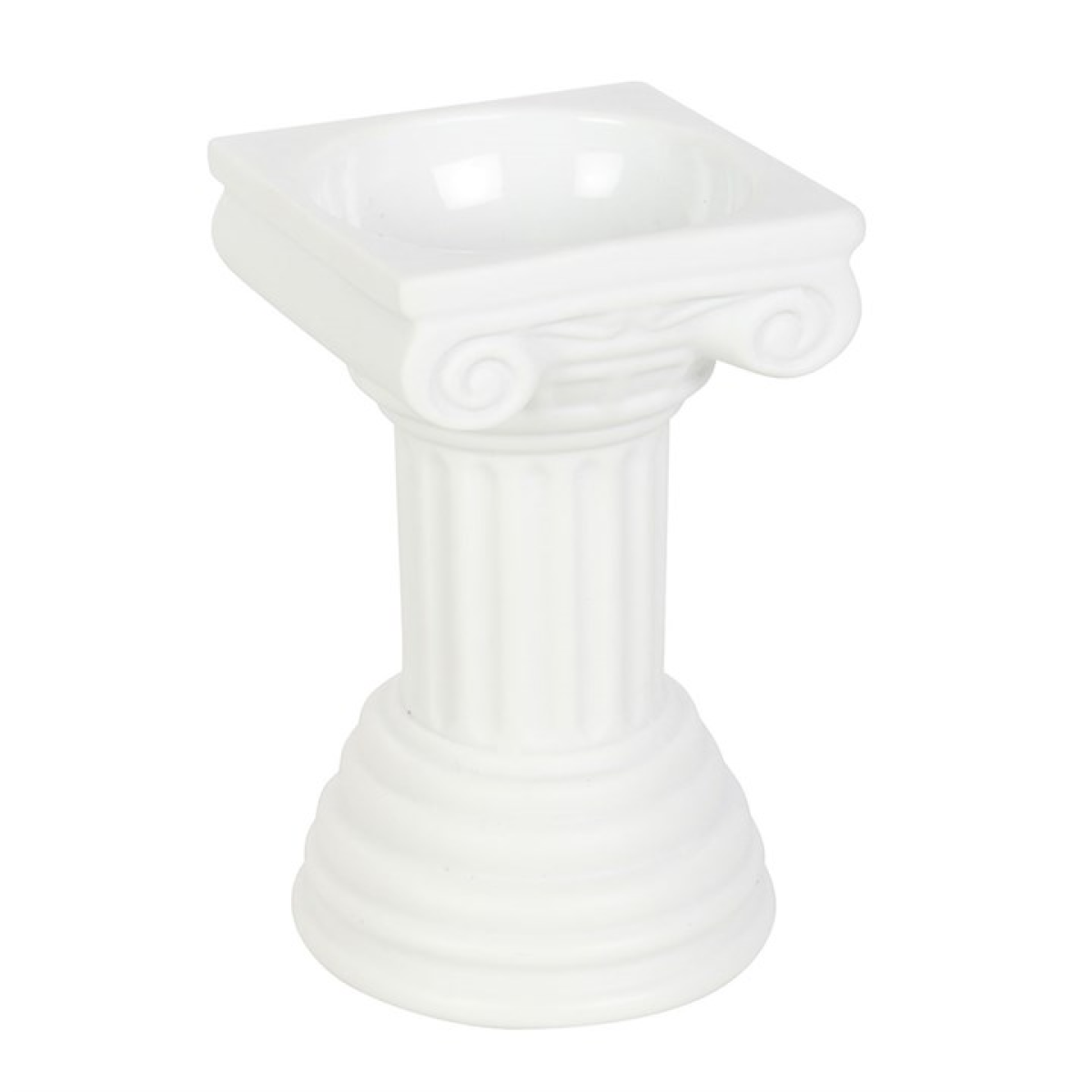 Greek Column Oil Burner and Wax Warmer, ceramic white Ionic column design, 14cm high, 8.5cm wide and deep.