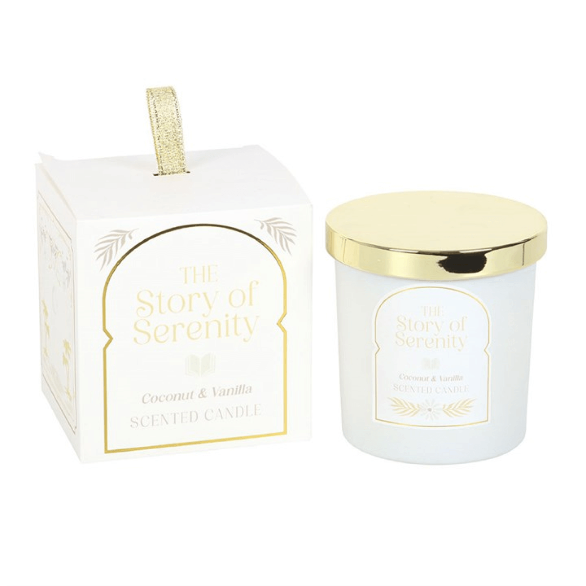 The Story Of Serenity Coconut And Vanilla Scented Candle in a box with gold lid, ideal for home and book lovers.