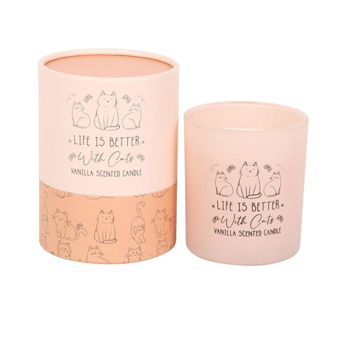 Life Is Better With Cats Vanilla Candle duo in blush pink jars with cat illustrations; gift box included.