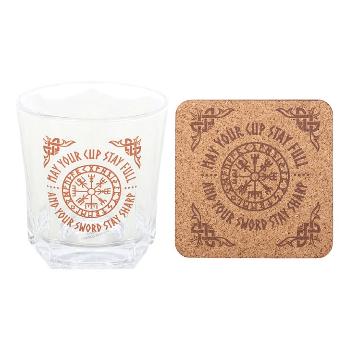 Viking Compass Lowball Glass With Vegvisir Symbol And Matching Cork Coaster