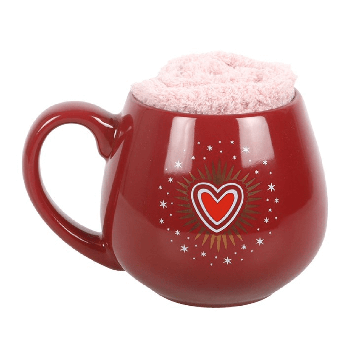 Sacred Heart Mug and Socks Set Deep Red 500ml Cosy Valentine Gift with soft pink socks inside