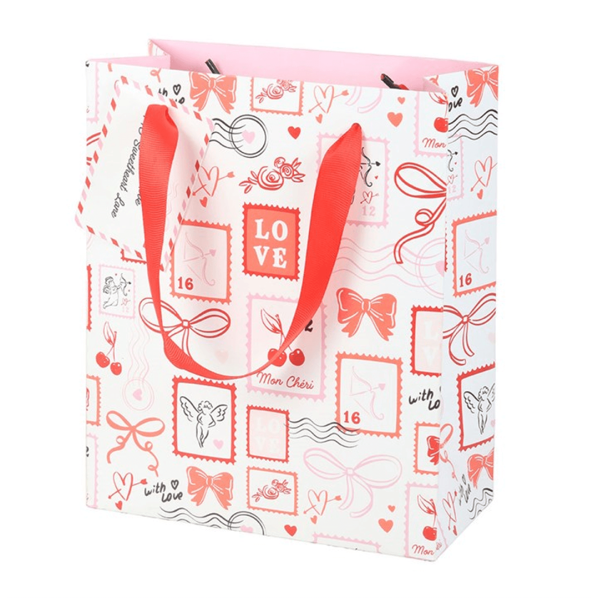 Valentine postage stamp gift bag featuring colorful stamp designs, hearts, and bows, perfect for gift presentation.