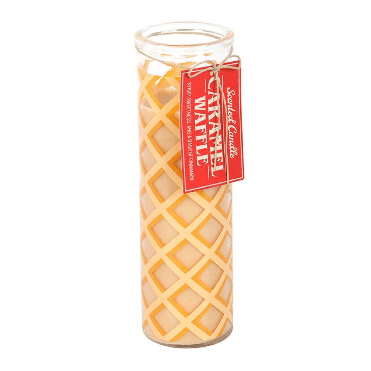 Caramel Waffle Scented Tube Candle 55 Hours Burn Time in a decorative tube with waffle pattern.