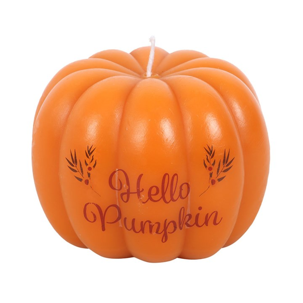 Pumpkin-shaped orange candle with Hello Pumpkin inscription and wheat stalk motifs.