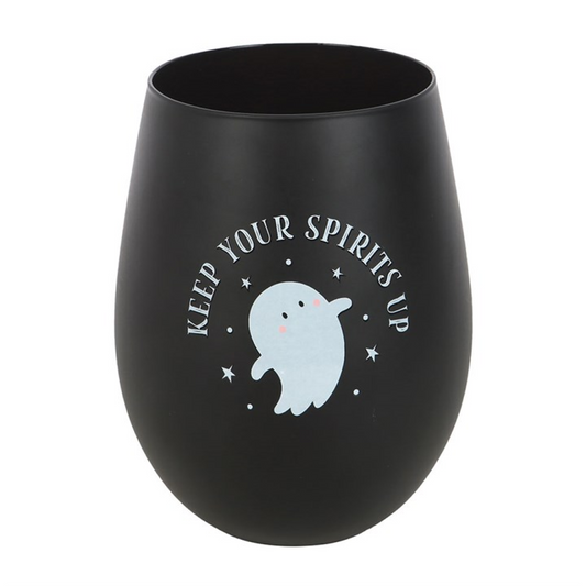 Keep Your Spirits Up stemless ghost glass with a pale blue ghost and stars on a black glass.