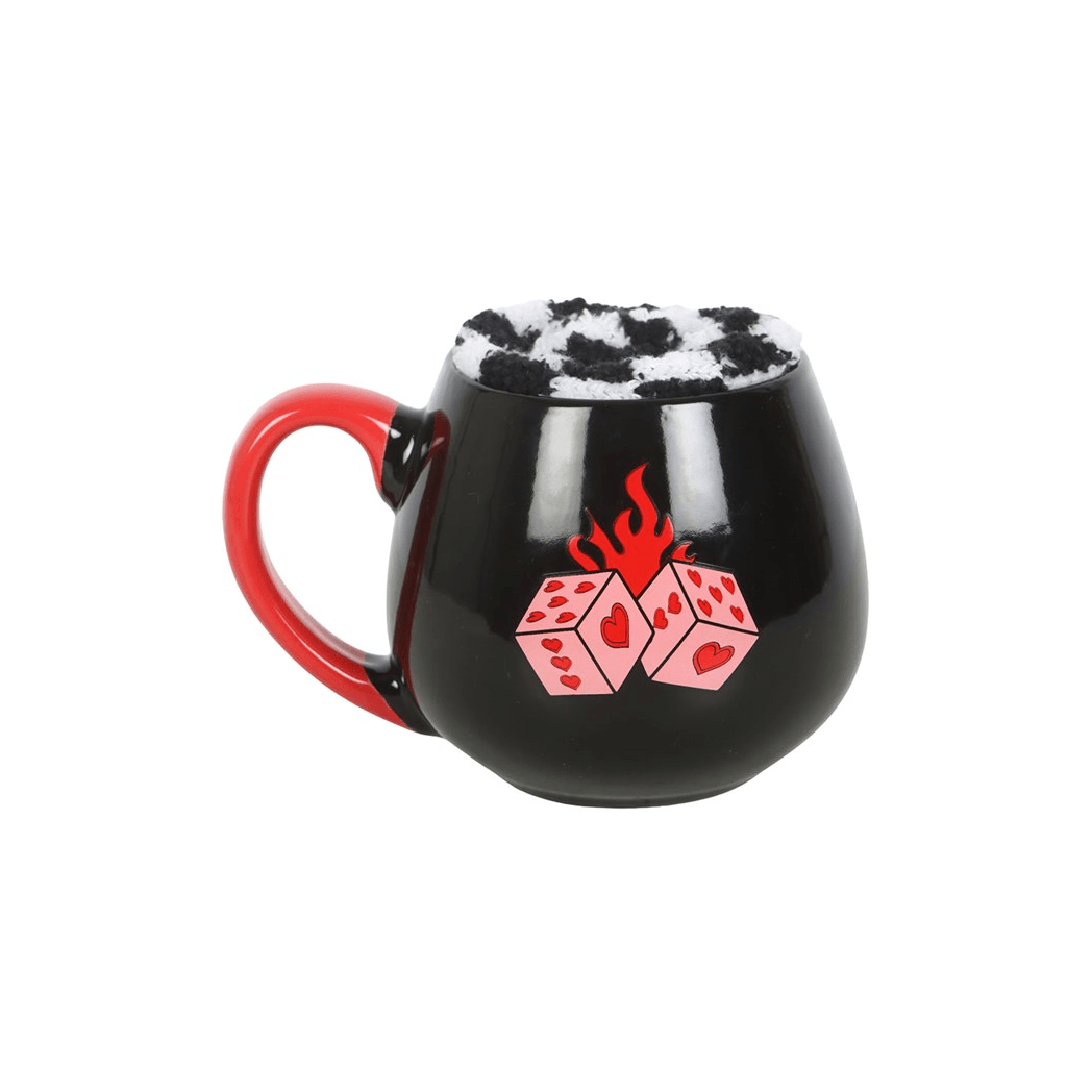 Black Flaming Dice Mug and Checkerboard Socks Gift Set 500ml