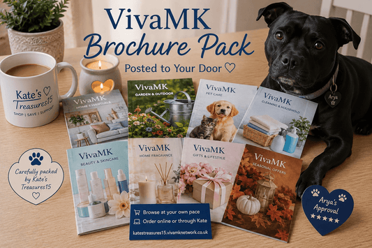 VivaMK brochure pack with a dog and coffee on a table
