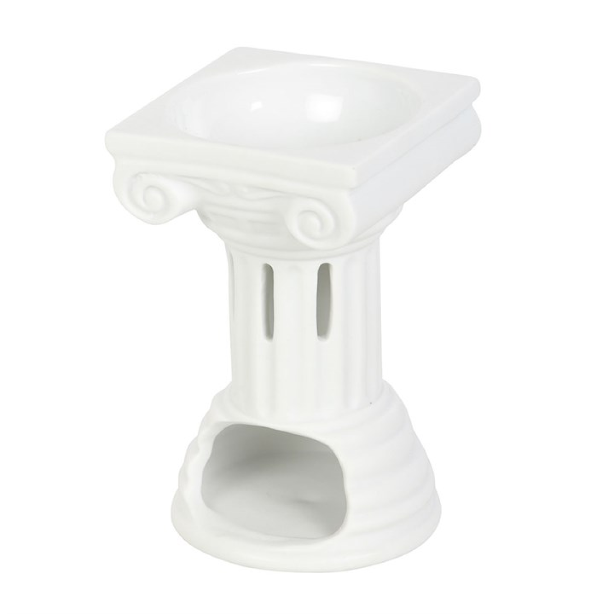 White ceramic Greek column dual-purpose oil burner and wax warmer with top bowl.