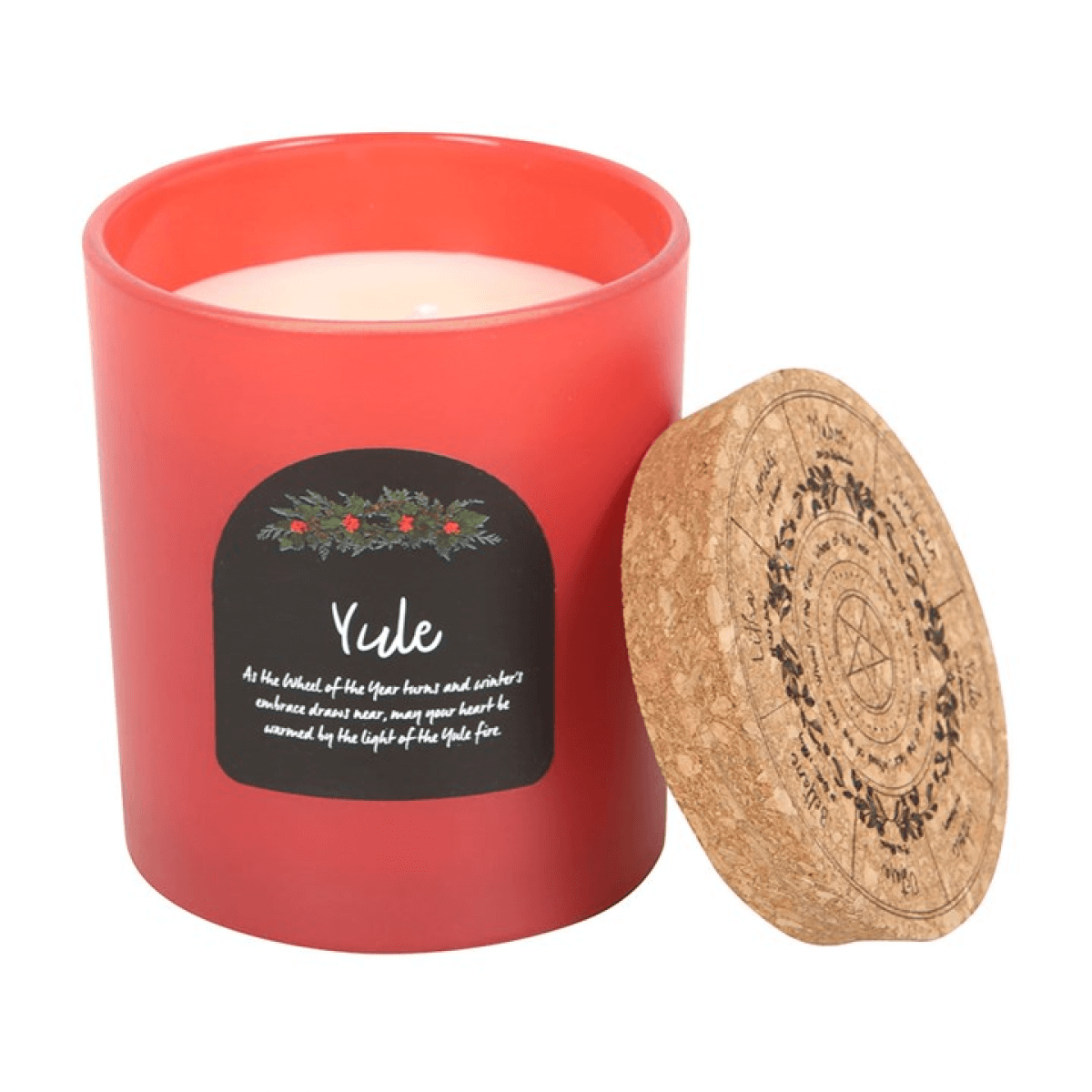Yule Wintergreen Wheel of the Year Candle Winter Solstice in a red glass jar with a cork lid and festive design.