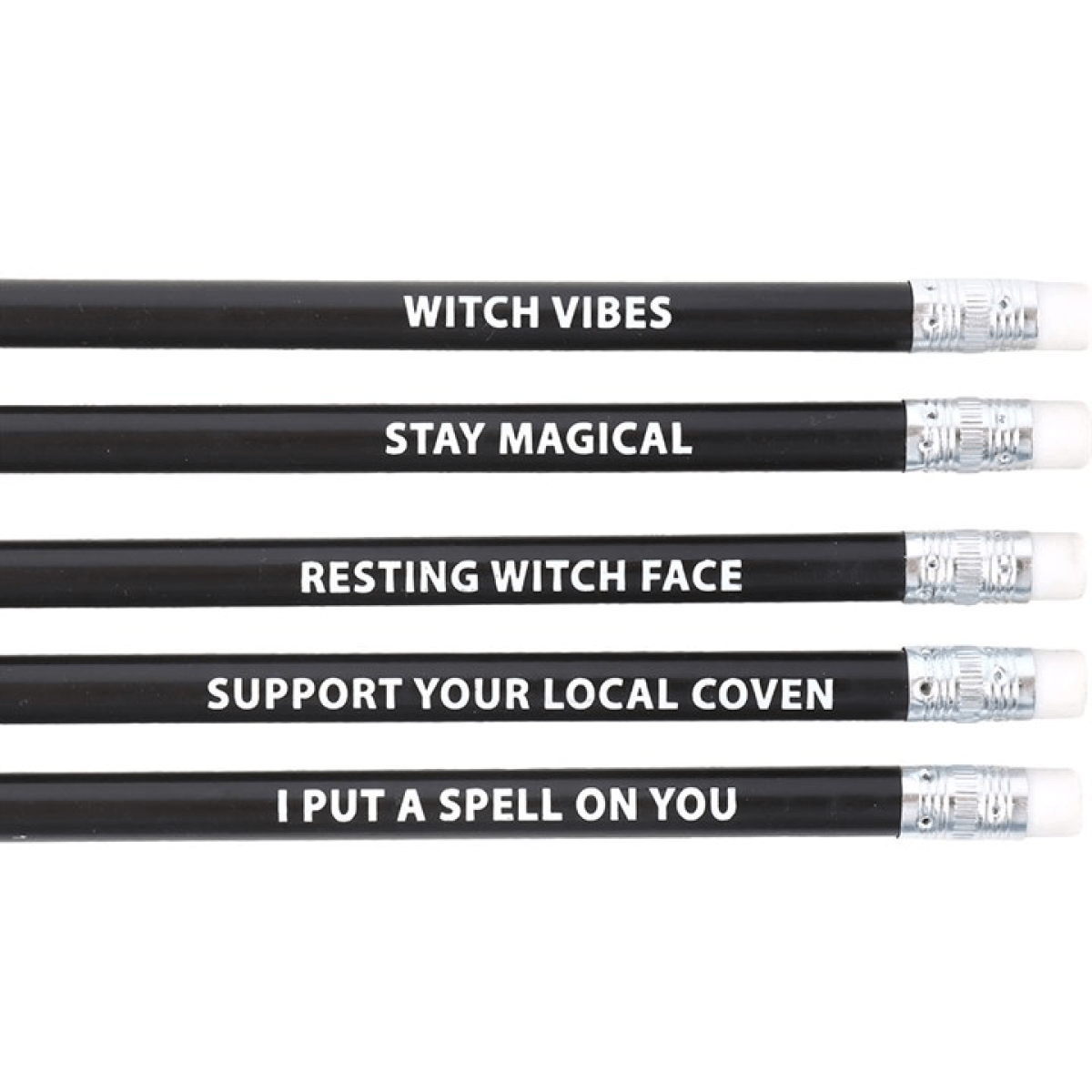 The Coven Club 5 Pack Witchy Pencils With Mystic Phrases featuring mystical phrases on black pencils.