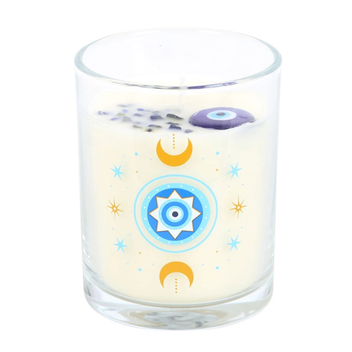 Under Watchful Eyes White Rose Candle With Crystals in glass jar with crescent moon and all-seeing eye design.