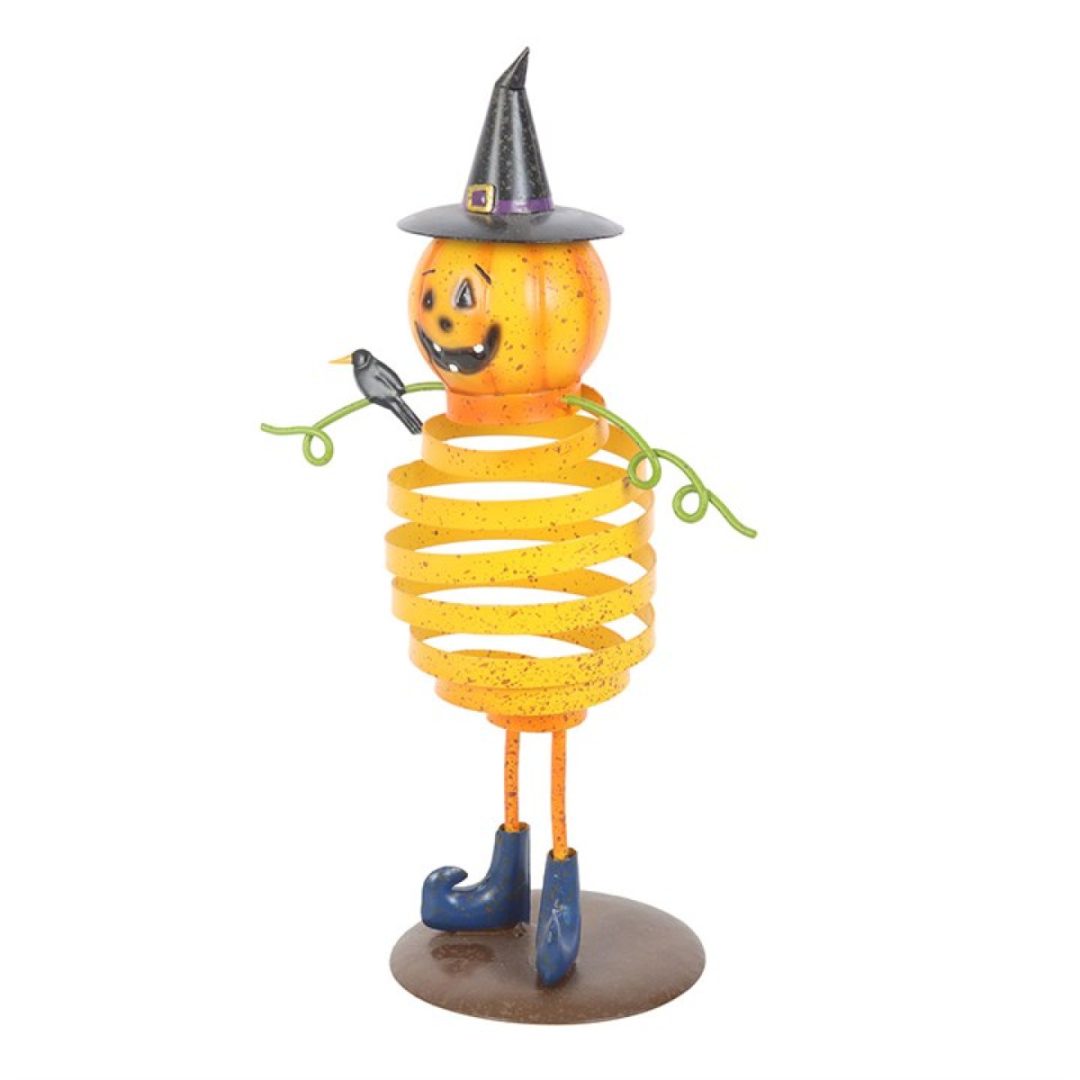 Orange metal pumpkin man ornament with spring body, witch hat, wire arms and blue boots on a brown base