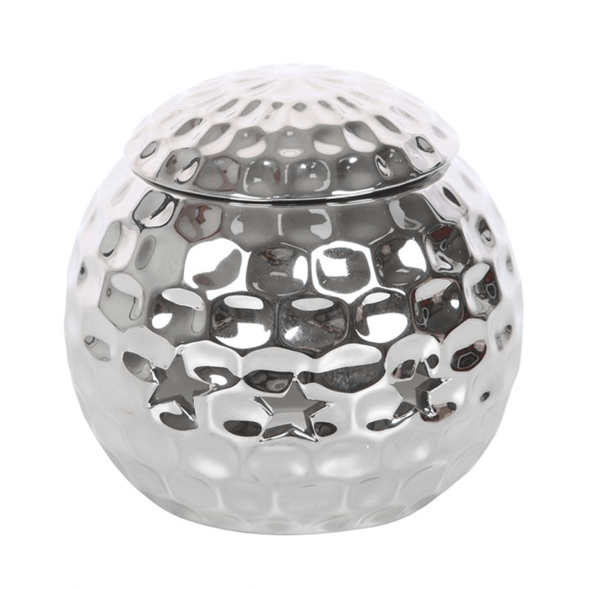 Silver disco ball oil burner, dolomite, 10cm high, 10.7cm wide, 10cm deep, for fragrance oil diluted with water.