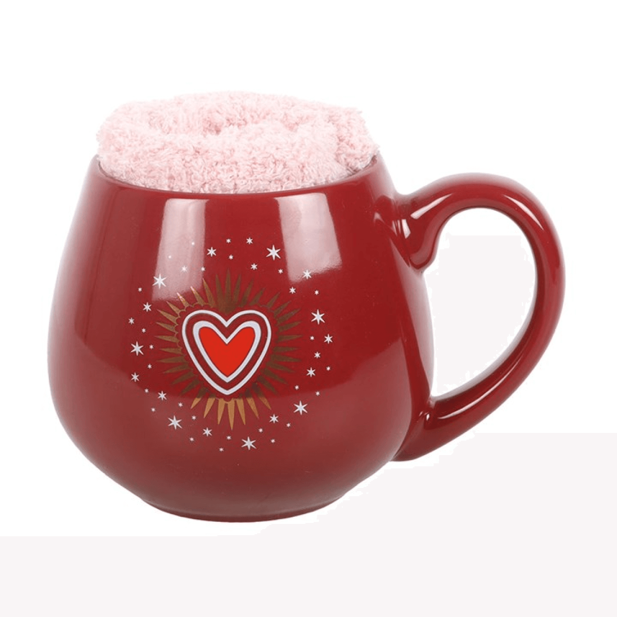 Sacred Heart Mug and Socks Set Deep Red 500ml Cosy Valentine Gift with a pink sock inside the mug.