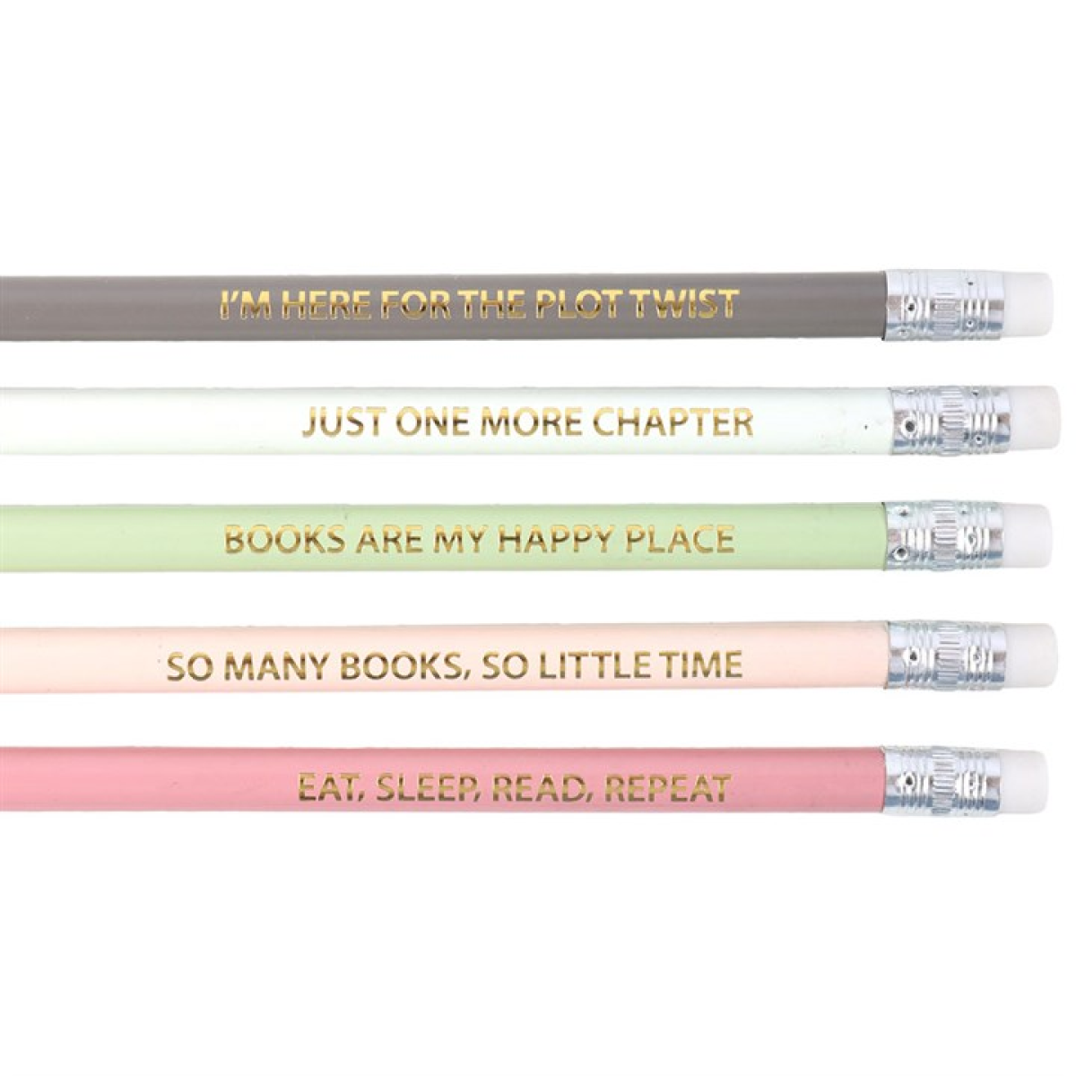 Pack of five pastel, literature-inspired pencils with witty quotes for book lovers.