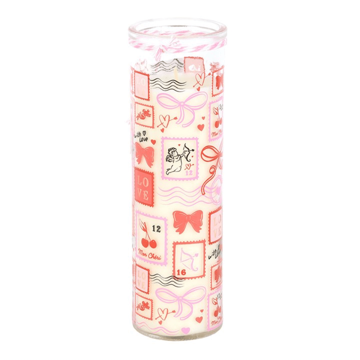 Valentine Candle in tube featuring colorful postage stamp print design with hearts and bows.