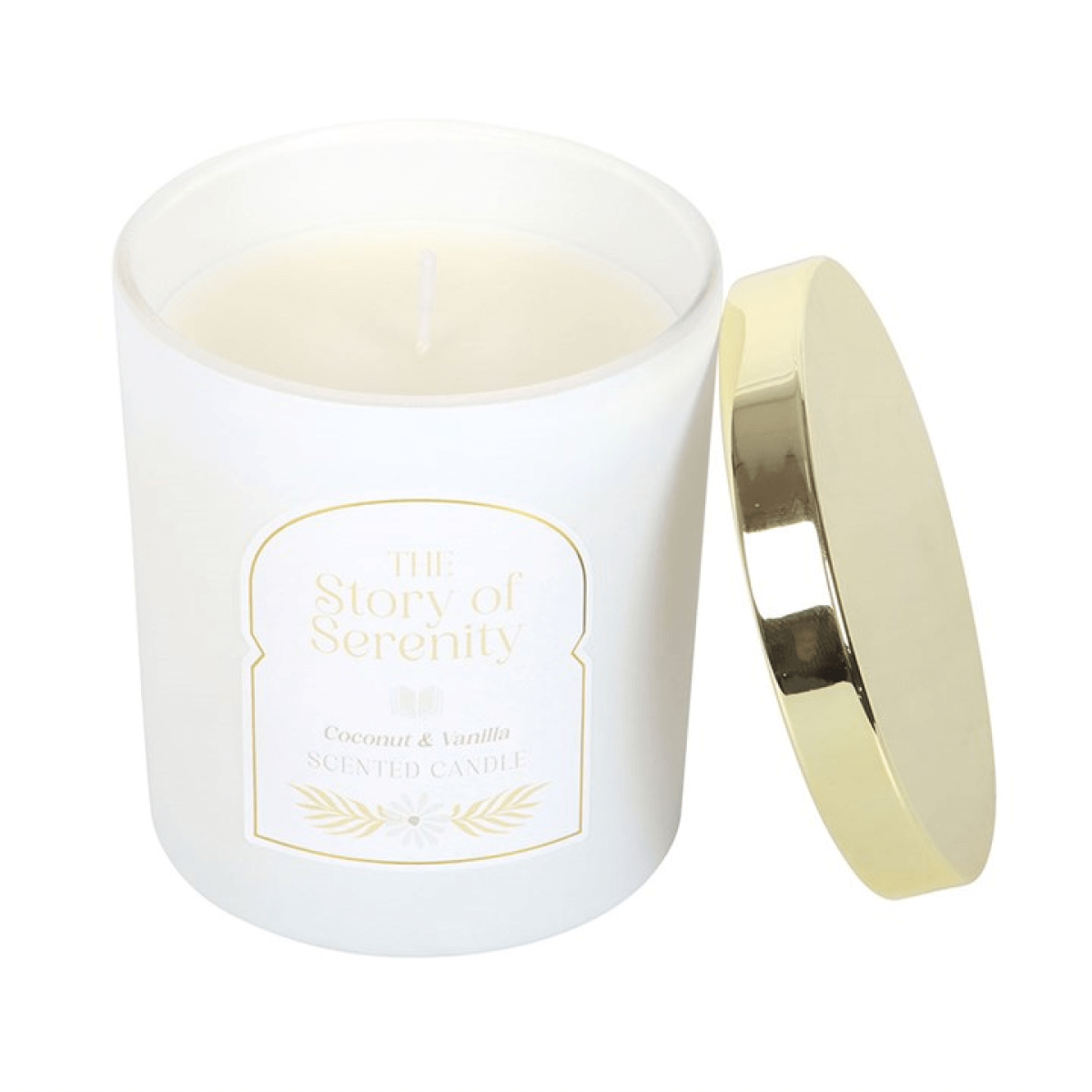 The Story Of Serenity Coconut And Vanilla Scented Candle in a white jar with a gold lid.