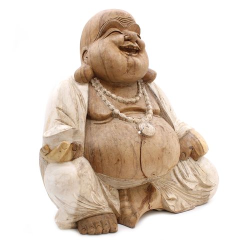 Handcrafted Happy Buddha - Whitewash 50cm, a stunning Suar wood art piece perfect for enhancing any space.