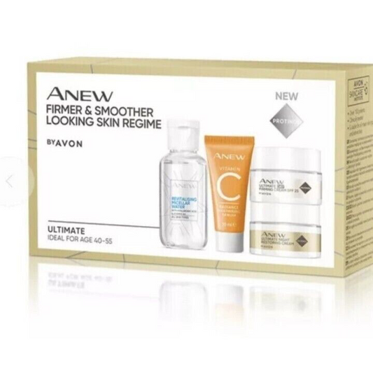 Avon Anew Ultimate Firmer & Smoother Looking Skin Regime kit for youthful, radiant skin, ideal for ages 40 to 55.