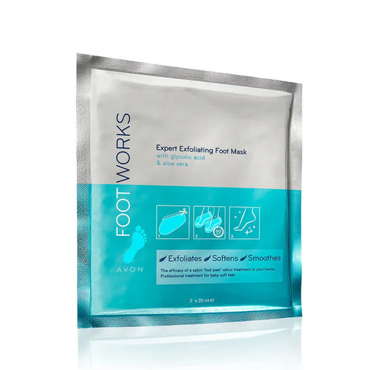 Avon Foot Works Expert Exfoliating Foot Mask Socks for smooth, baby-soft skin with glycolic acid and aloe vera.