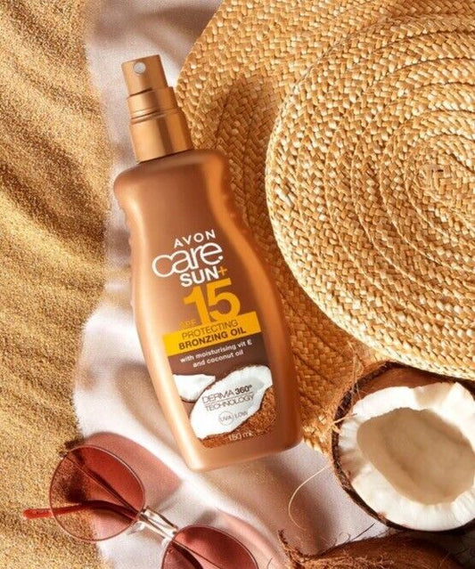 Avon Care Sun Protecting Bronzing Oil offers sun protection and a radiant glow on a summer backdrop with accessories.