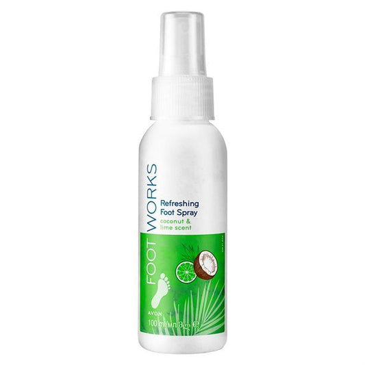Revitalize your feet with Avon Footworks Coconut & Lime Refreshing Foot Spray, infused with Vitamin E for hydration.