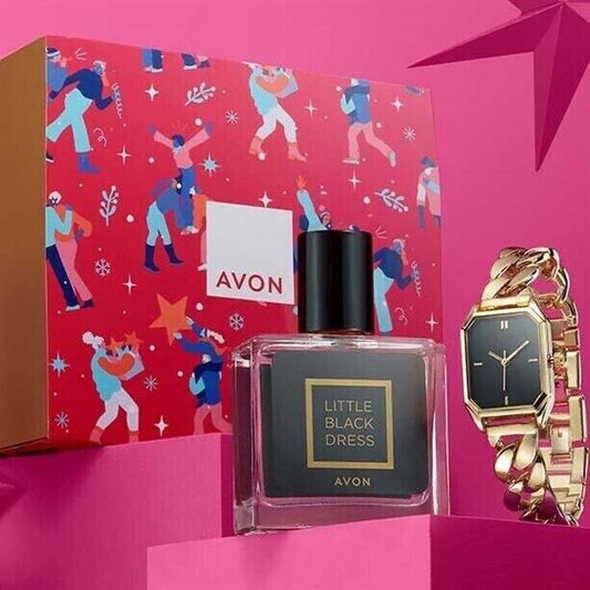 Avon Luna Watch paired with Little Black Dress fragrance, perfect for elegance and sophistication.