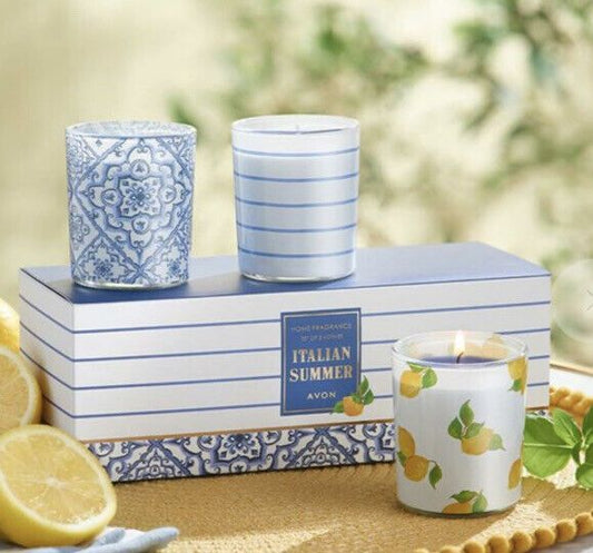 Avon Italian Summer Votive Gift Set features three elegant candles in charming Italian-themed holders. Perfect for home ambiance.