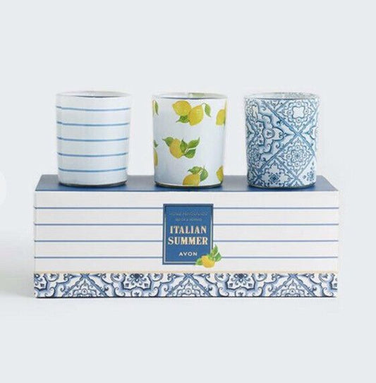 Avon Italian Summer Votive Gift Set features three elegant candles in charming Italian-themed holders.