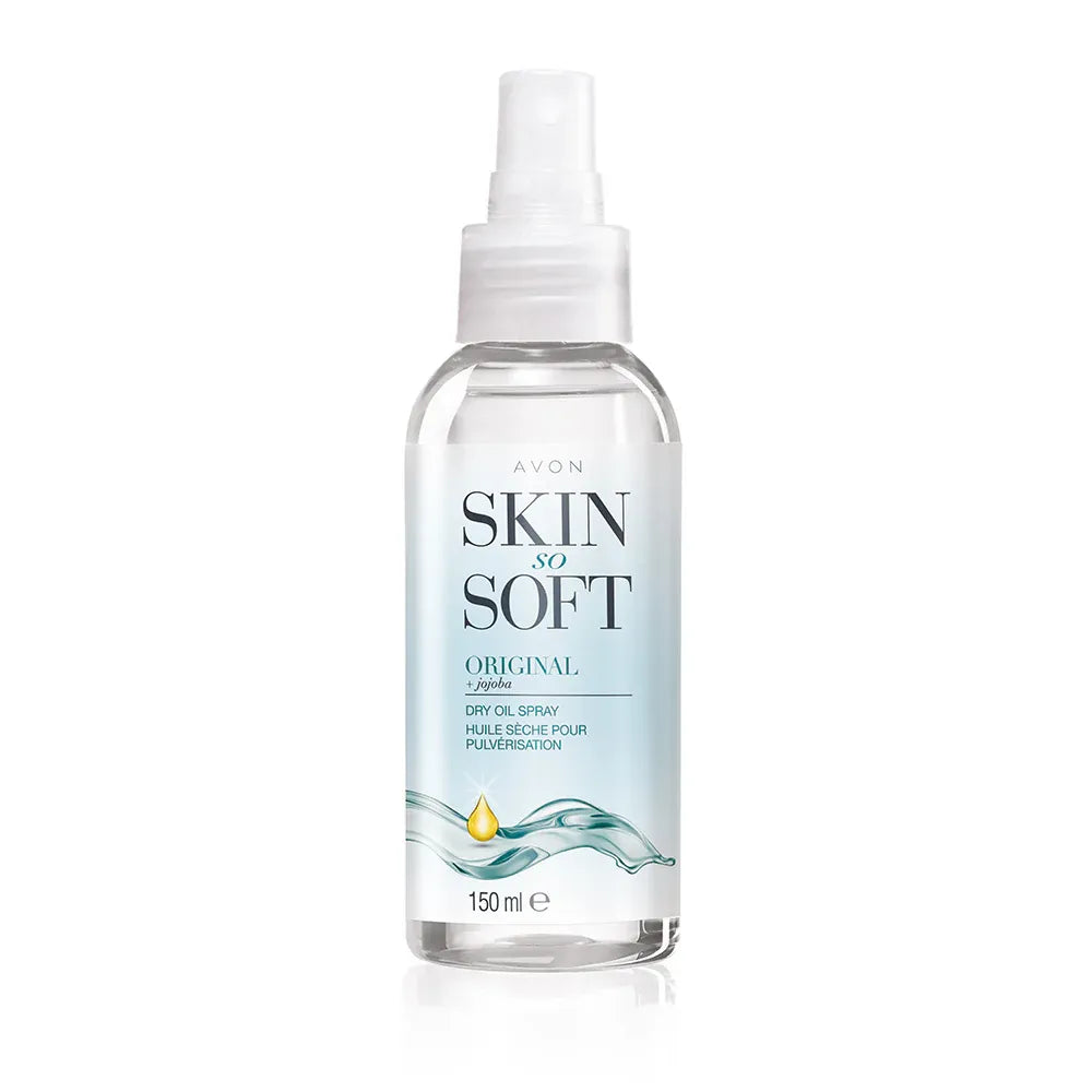 Avon Skin So Soft Original Dry Oil Spray offers silky skin with nourishing moisture and Jojoba oil for hydration.