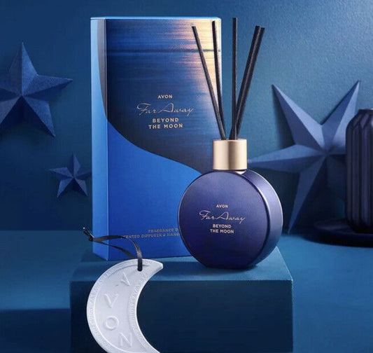 Avon Far Away Beyond The Moon Home Fragrance Set, featuring a stylish diffuser and elegant packaging for a serene ambience.