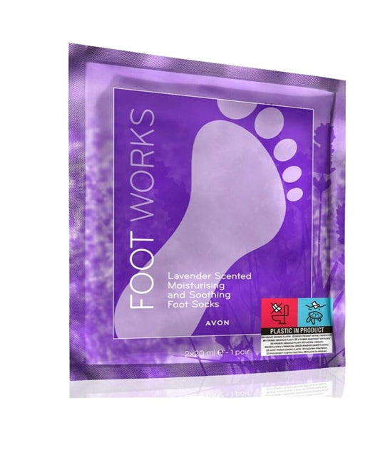 Avon Foot Works Lavender Scented Moisturising and Soothing Foot Mask offers soothing, luxurious care for your feet.