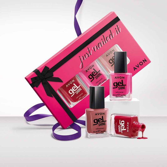 Avon Just Nailed It Gift Set features three Gel Shine Nail Enamels for a stylish, high-gloss finish. Perfect for nail lovers!