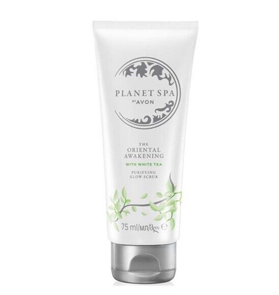 Avon Planet Spa Oriental Awakening Purifying Glow Scrub in a 75ml tube, perfect for radiant skin and all skin types.