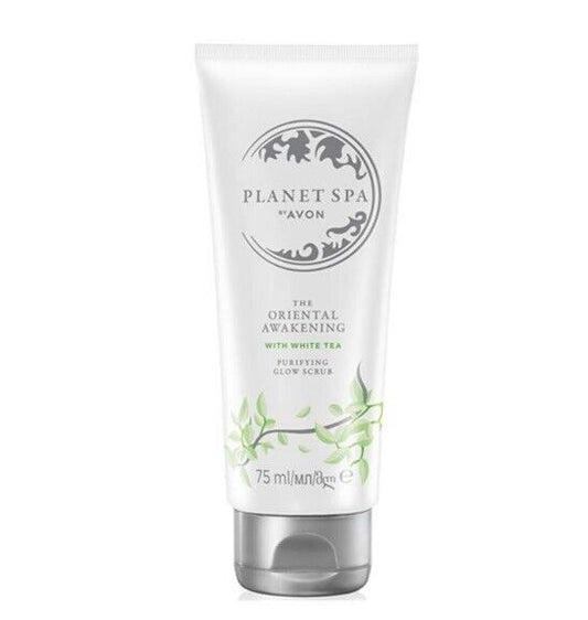 Avon Planet Spa Oriental Awakening Purifying Glow Scrub in a 75ml tube, perfect for radiant skin and all skin types.