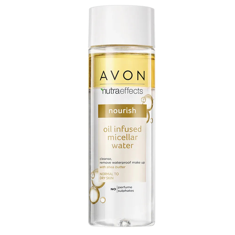 Avon Nutra Effects Nourish Oil-Infused Micellar Water effectively cleanses and removes makeup for all skin types.