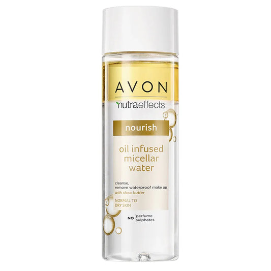 Avon Nutra Effects Nourish Oil-Infused Micellar Water effectively cleanses and removes makeup for all skin types.