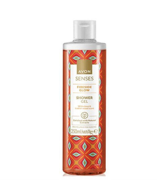 Avon Senses Fireside Glow Shower Gel, 250ml, offers a warm clove and leatherwood scent for a luxurious shower experience.