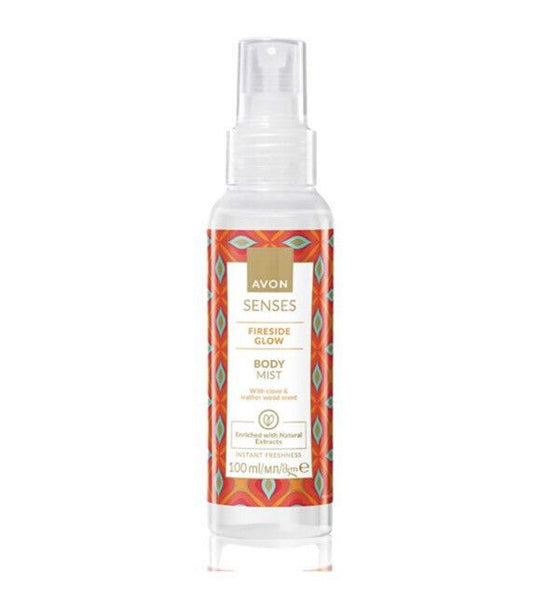 Avon Senses Fireside Glow Body Mist 100ml offers a warm, inviting fragrance blending clove and leatherwood notes.