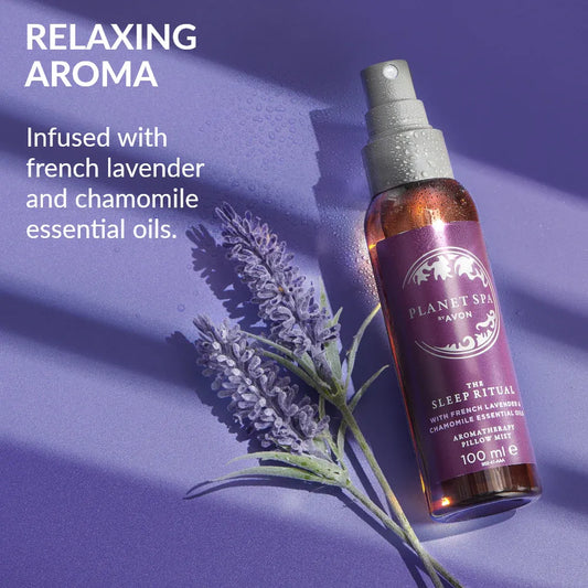 Relax with Avon Planet Spa Aromatherapy Beauty Sleep Pillow Mist, infused with lavender and chamomile for restful nights.