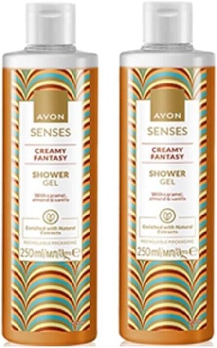 Avon Senses Creamy Fantasy Shower Gel - 250ml x2, a luxurious blend of caramel, almond, and vanilla for a fragrant escape.