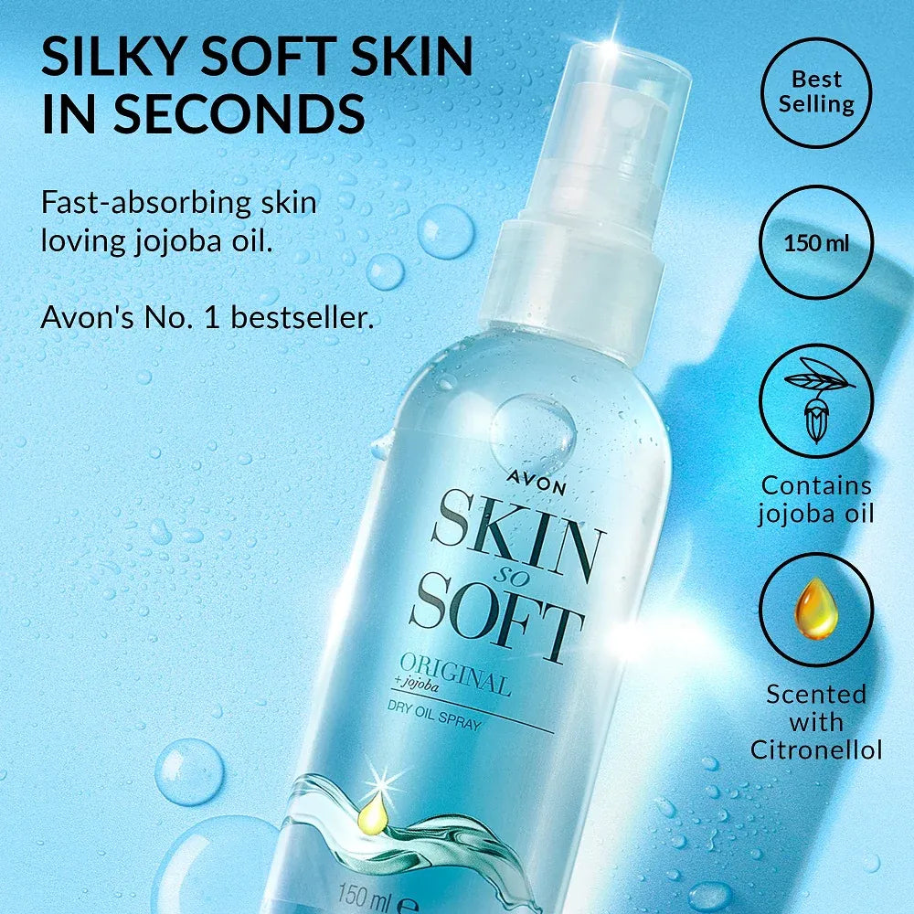 Avon Skin So Soft Original Dry Oil Spray provides silky skin with nourishing jojoba oil for ultimate hydration.