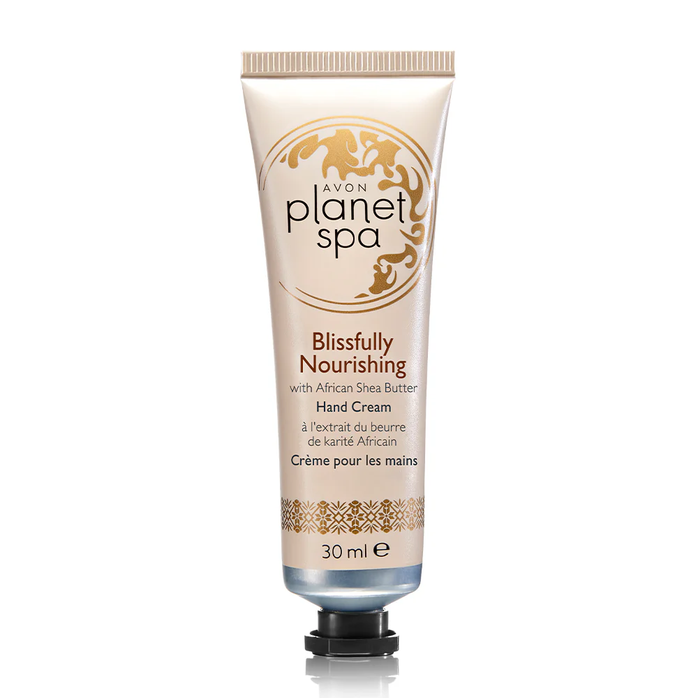 Avon Planet Spa Blissfully Nourishing Hand Cream with African Shea Butter for soft, hydrated hands and skincare transformation.