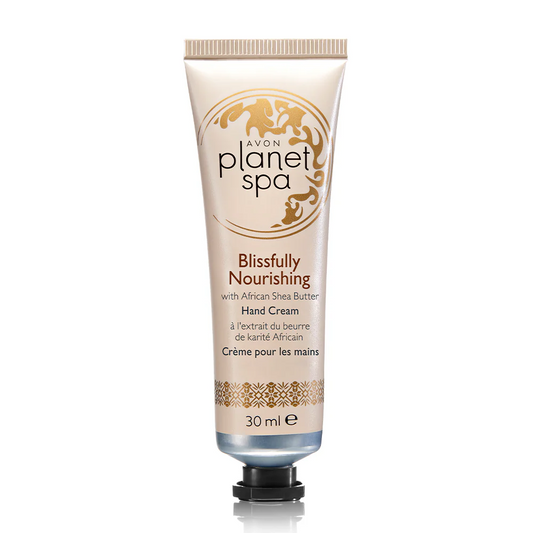 Avon Planet Spa Blissfully Nourishing Hand Cream with African Shea Butter for soft, hydrated hands and skincare transformation.