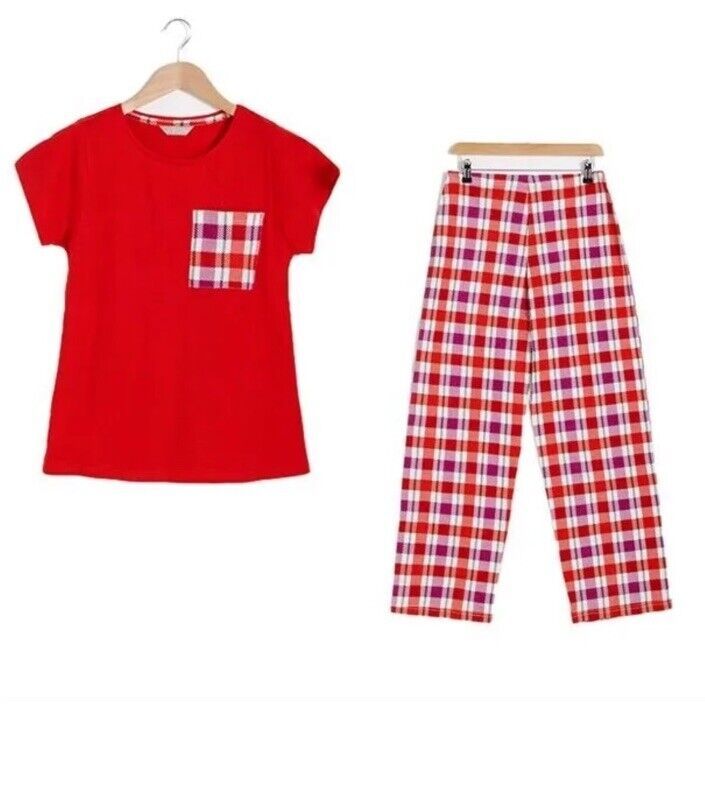 Avon Red Check PJs Size XL 20/22 featuring a comfy t-shirt and plaid trousers, perfect for stylish loungewear.