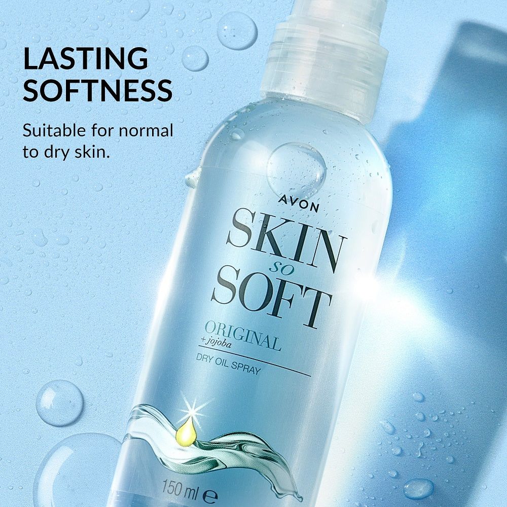 Avon Skin So Soft Original Dry Oil Spray provides lasting hydration and softness for all skin types.