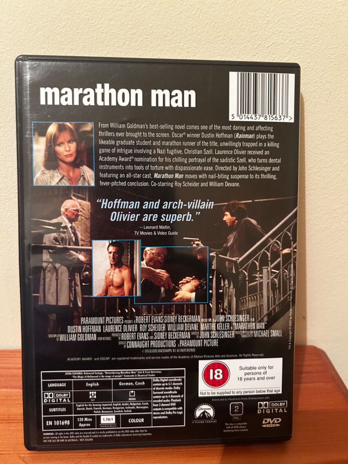 Marathon Man [1976] [DVD] cover featuring Dustin Hoffman and Laurence Olivier, a thrilling cinematic classic.