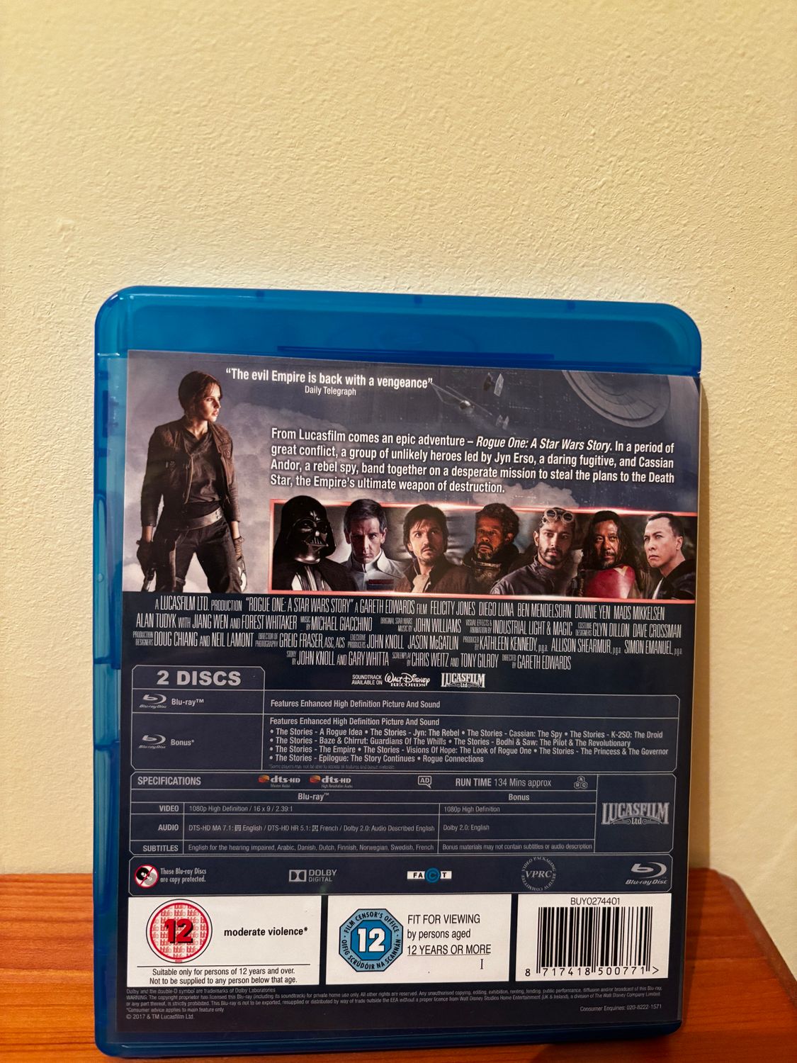 Rogue One "A Star Wars Story" (Blu-Ray) 2-disc collection showcases stunning visuals and epic storytelling.