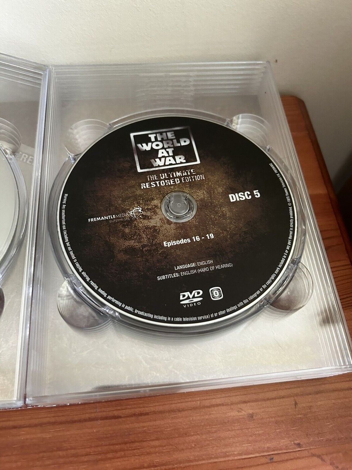 The World At War (Box Set) (DVD) disc showcasing episode details, ideal for history enthusiasts and collectors.