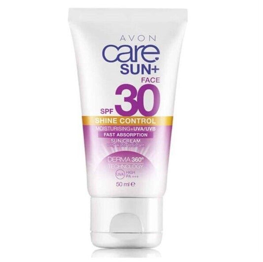 Avon Care Sun SPF30 Face Shine Control Sun Cream Fast Absorption offers matte protection for all skin types in a 50 ml tube.